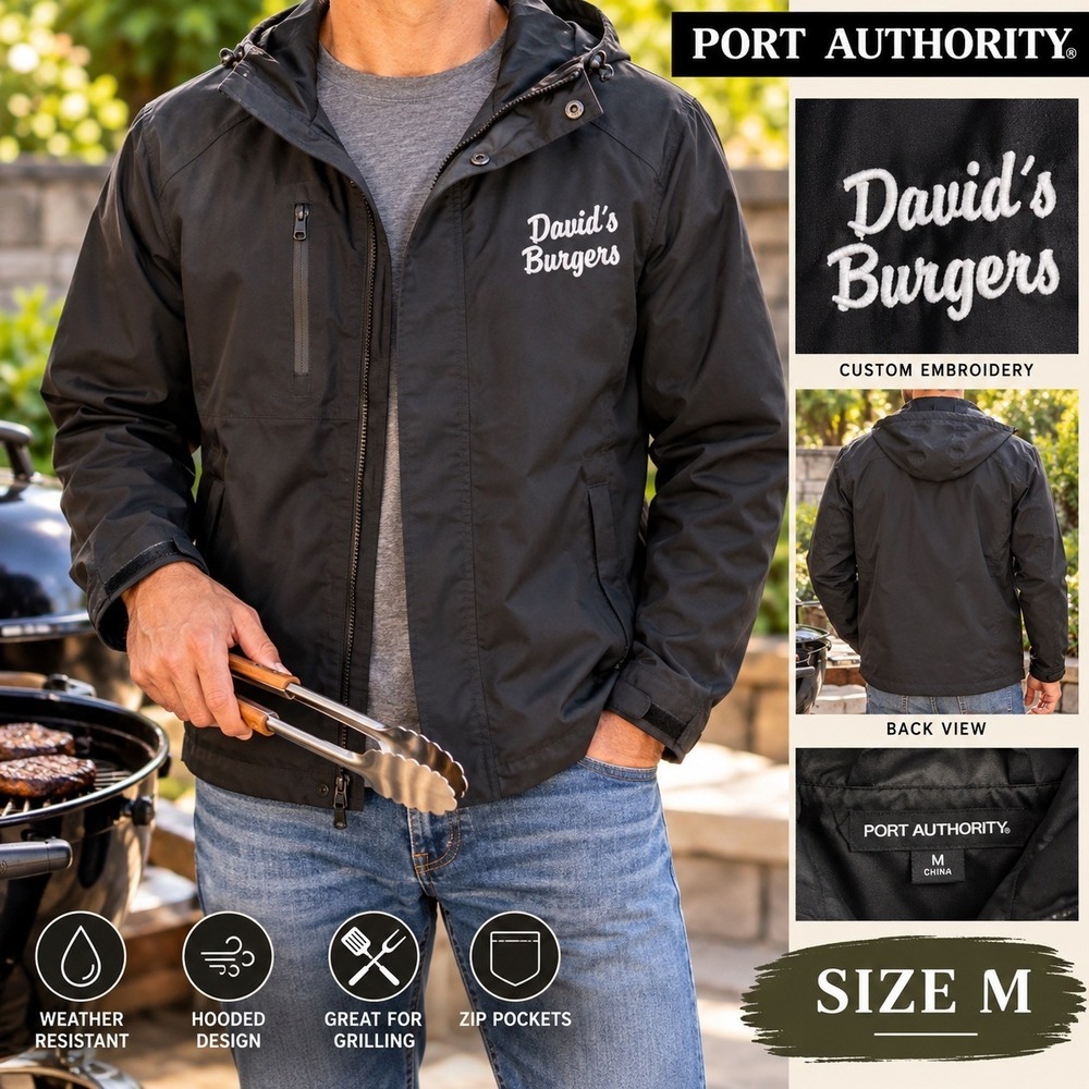 Port Authority Mens Black Hooded Jacket Davids Burgers Embroidery Size M